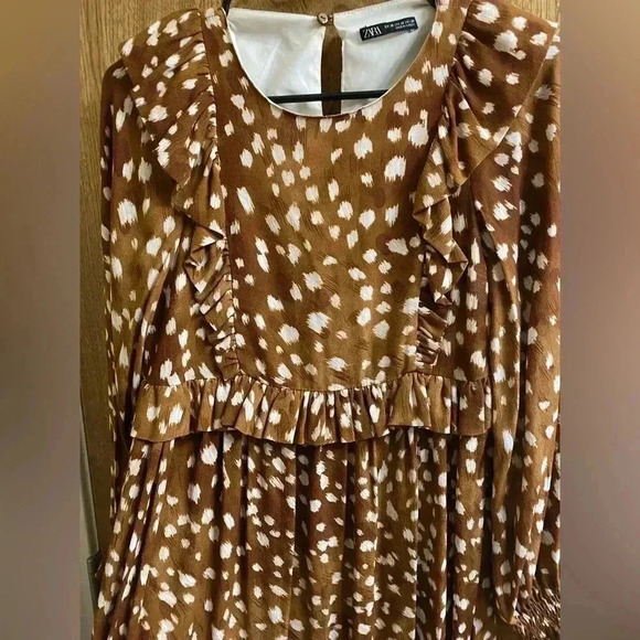Zara Woman Ruffled Long Sleeve Brown White Polka Dot Animal Print Dress Size XS - Picture 7 of 13
